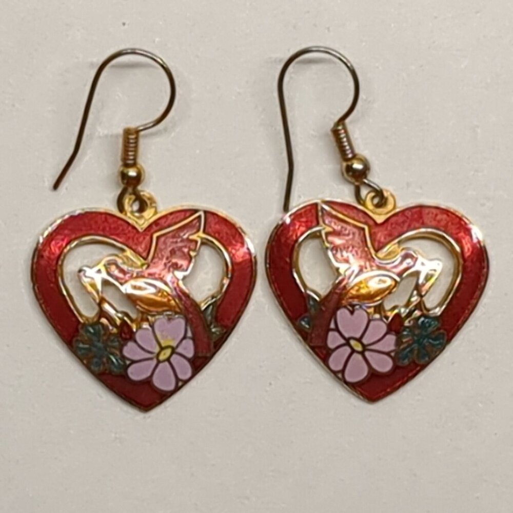 Cloissone Heart and Bird Earrings - Picture 3 of 6